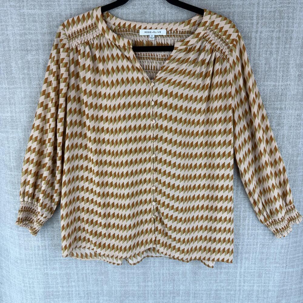 ROSE+OLIVE Blouse Womens M Beige Geometric Tunic V-Neck Balloon Sleeve Pleated